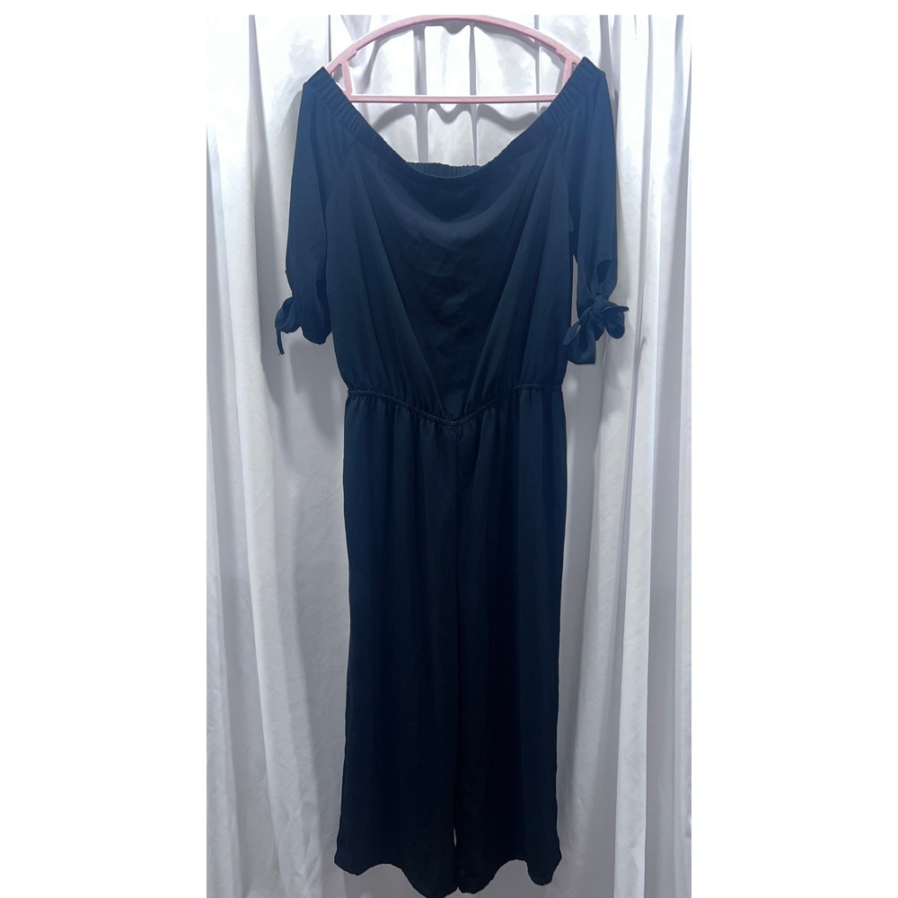 Fourteenth Place Black Off The Shoulder Tie Sleeve Wide Leg Jumpsuit Womens L